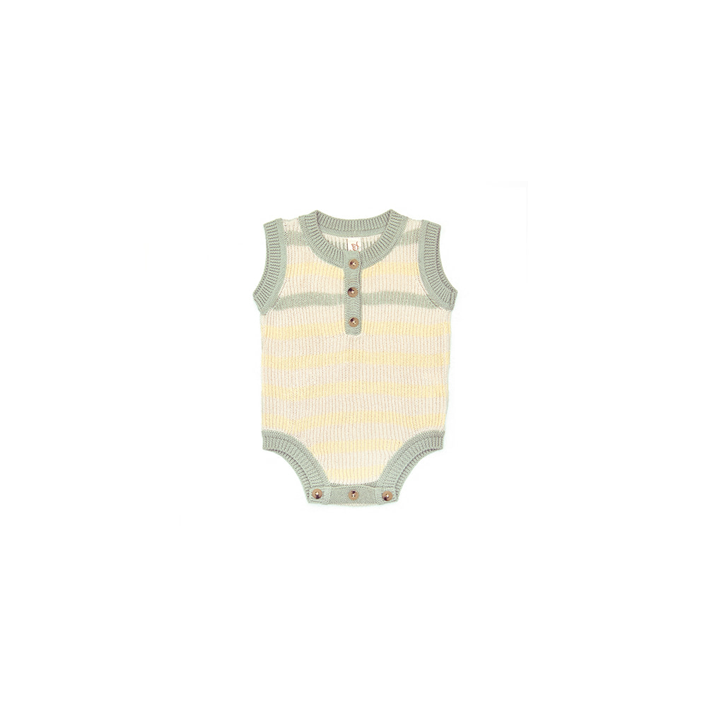 [TUN TUN] 24SS - 59　STRIPPED KNITTED ROMPER - Natural &amp; sea foam &amp; baby yellow